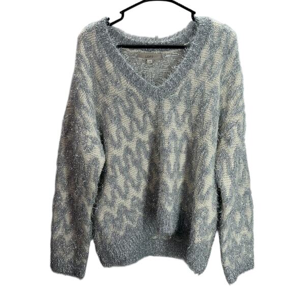 LOFT Metallic Shimmer Fuzzy Sweater L Silver Cream Soft Knit Holiday - Picture 1 of 8